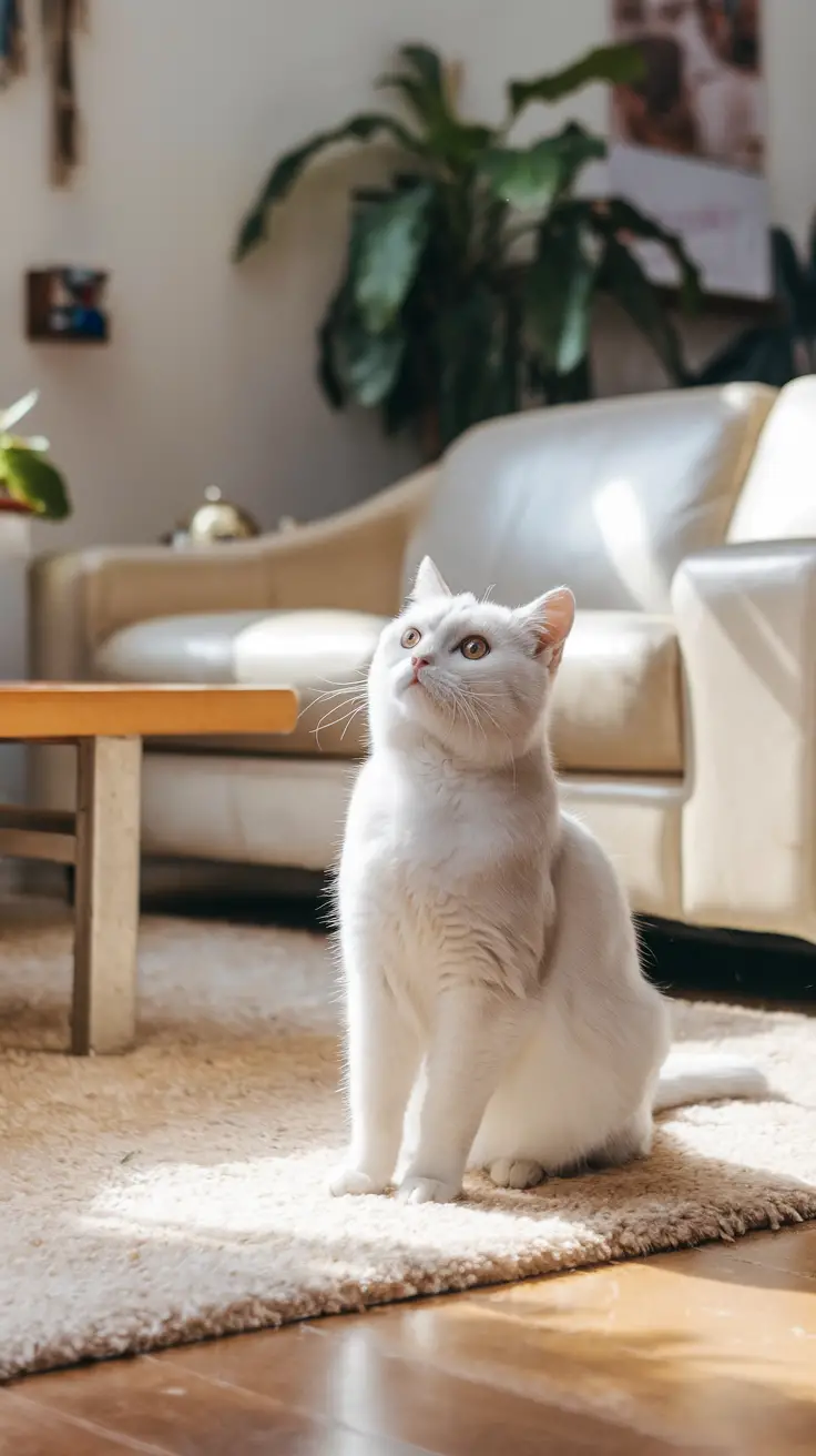 A British Shorthair cat sits elegantly on a cream-colored rug in a sunlit living room. A white British Shorthair cat sits elegantly on a cream-colored rug in a sunlit living room