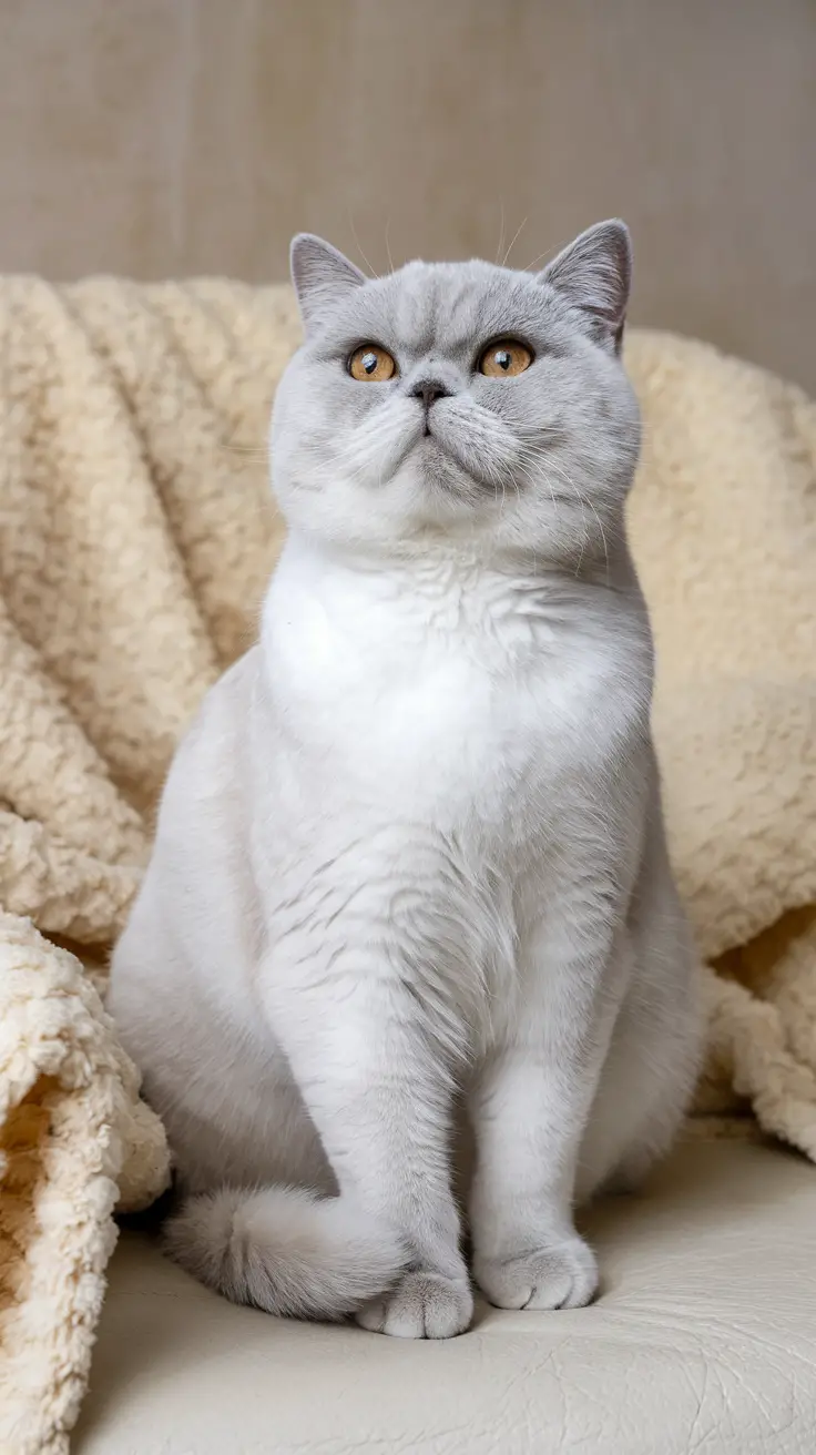 A British Shorthair cat with slate gray fur sits on a cream-colored throw. A white British Shorthair cat sits on a cream-colored throw