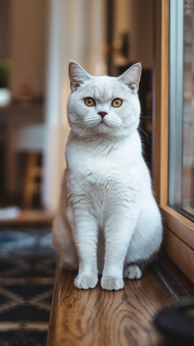 A British Shorthair cat sits on a wooden windowsill, poised and alert. A white British Shorthair cat sits on a wooden windowsill, poised and alert.