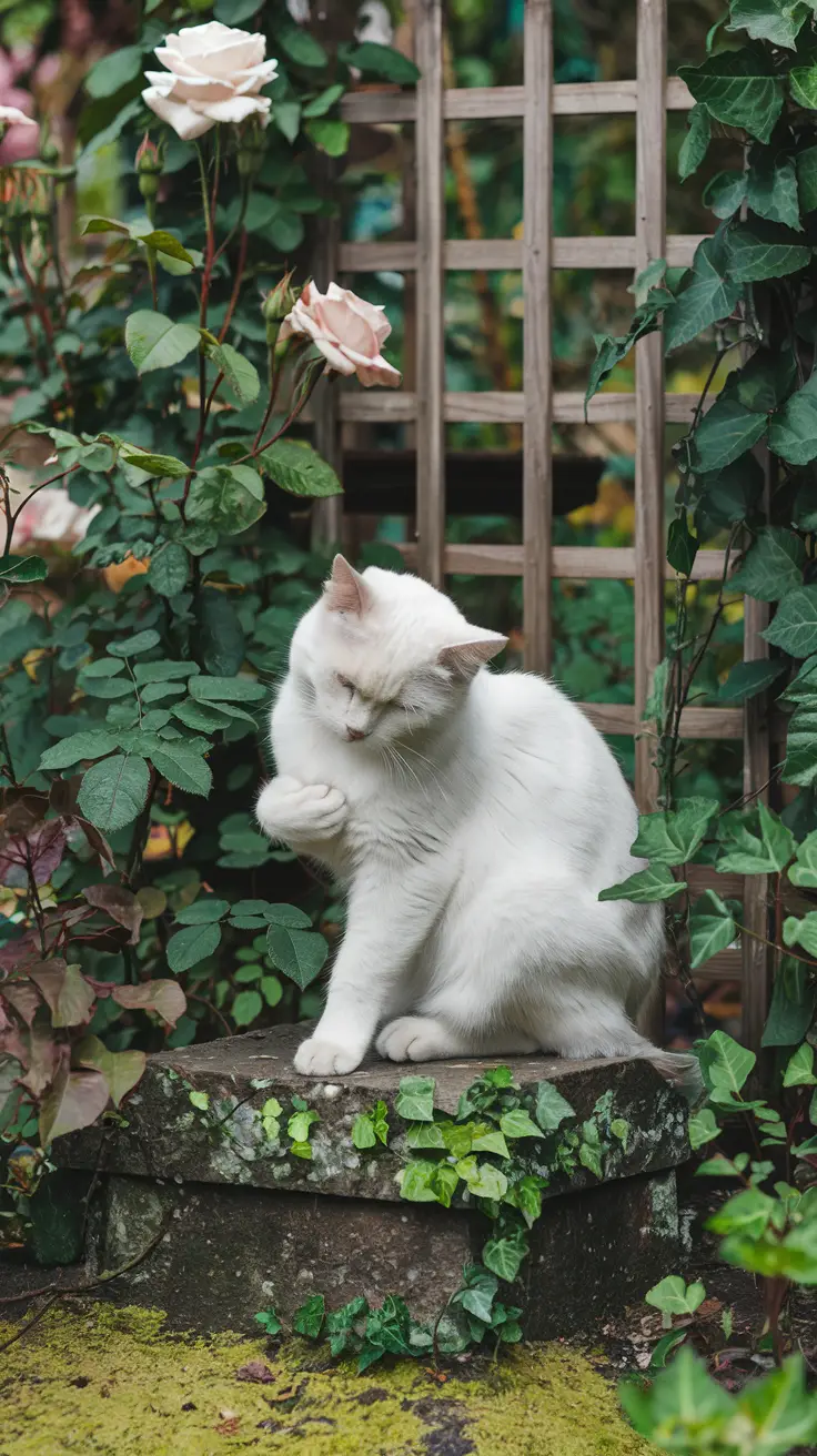 A white Persian cat grooming itself in a lush garden setting. A white British shorthair cat grooming itself in a lush garden setting