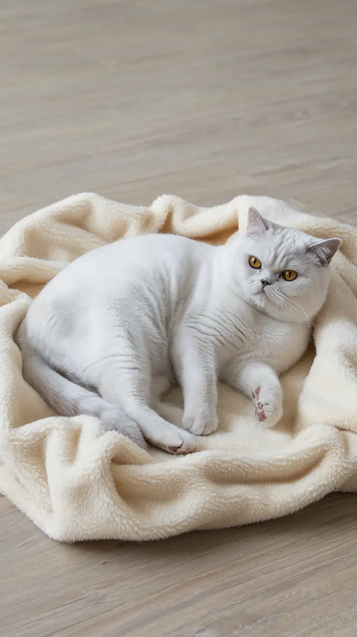 A white British Shorthair cat sits peacefully on a wooden bench. A white british shorthair cat rests comfortably on a cream-colored blanket