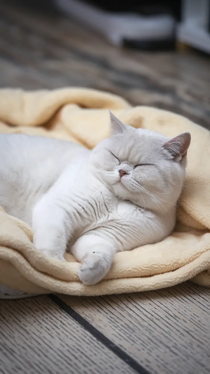 A short-haired cat rests comfortably on a cream-colored blanket. A white british shorthair cat rests comfortably on a cream-colored blanket.