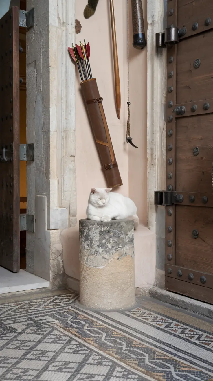 A regal cat rests in a historic Roman villa with hunt spoils. A white british shorthair cat rests in a historic Roman villa with hunt spoils