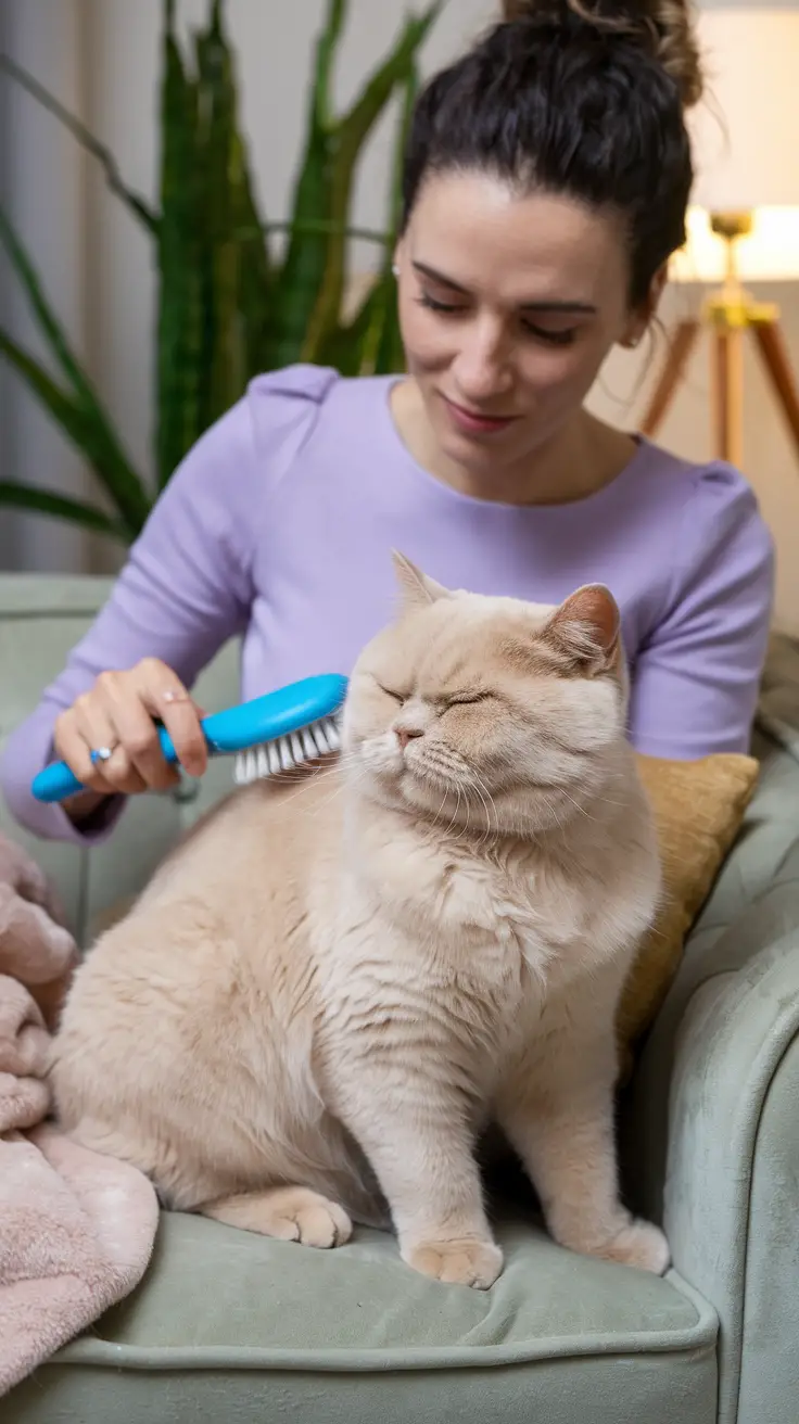 A woman brushes a golden British Shorthair cat on a cozy sofa