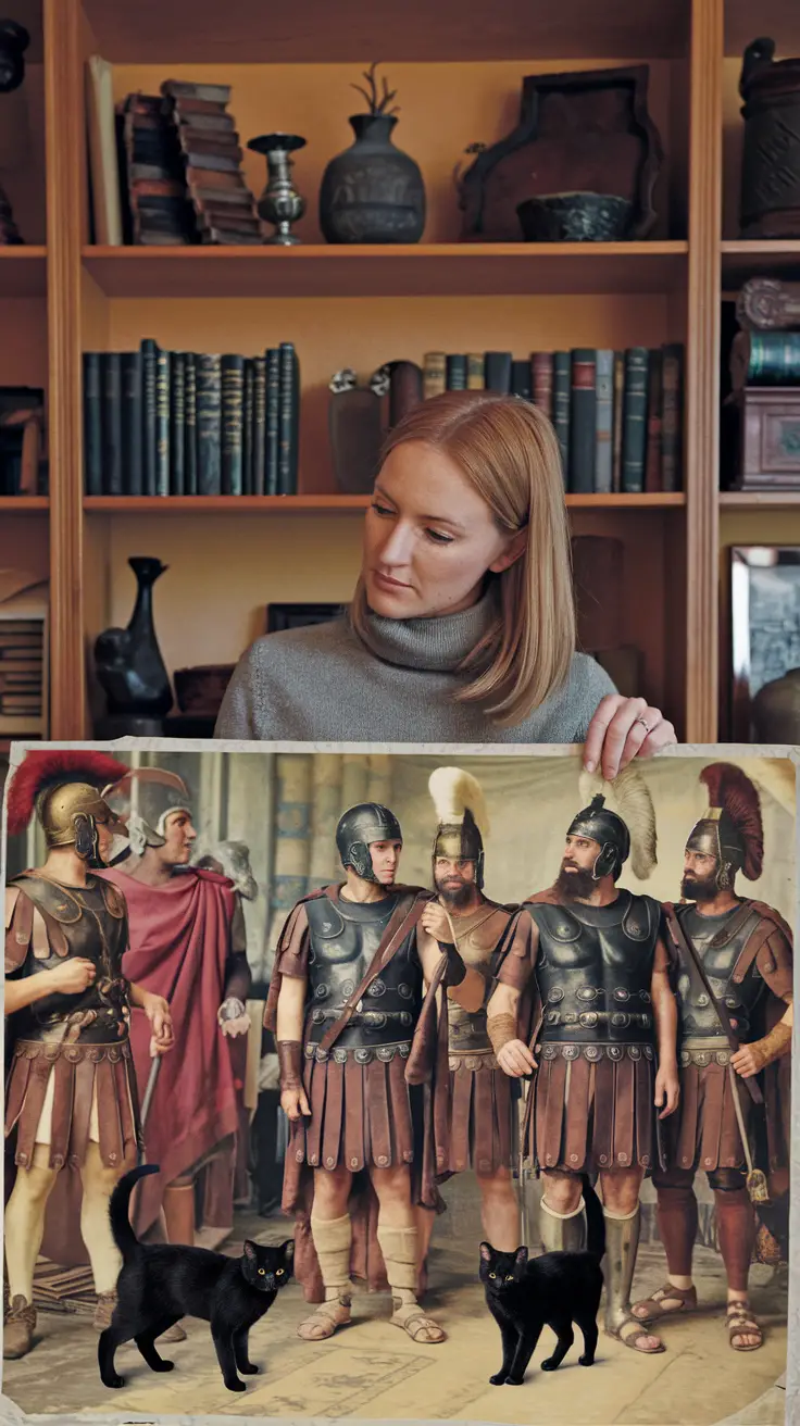 A woman examines a vintage photo of Roman soldiers and cats. A woman examines a vintage photo of Roman soldiers and black shorthair cats