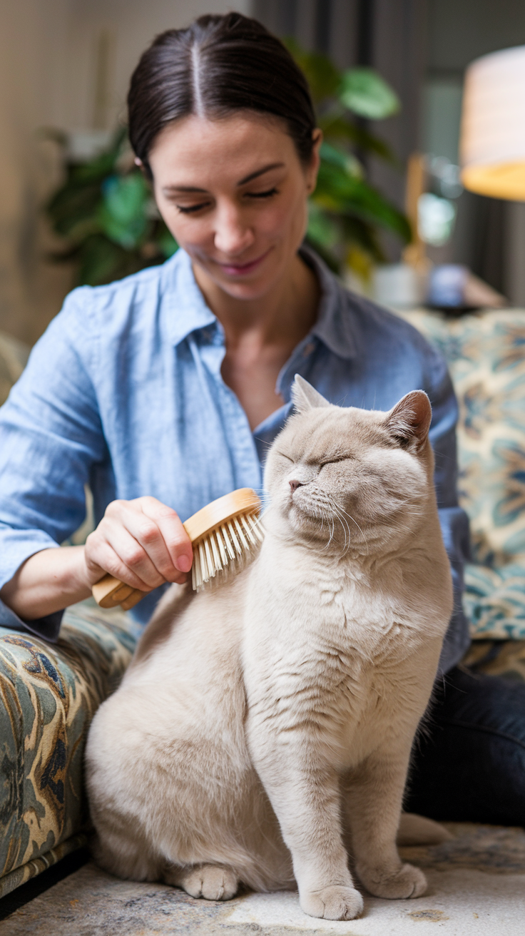 A woman in her 30s brushes a cream British shorthair cat  in cozy living room