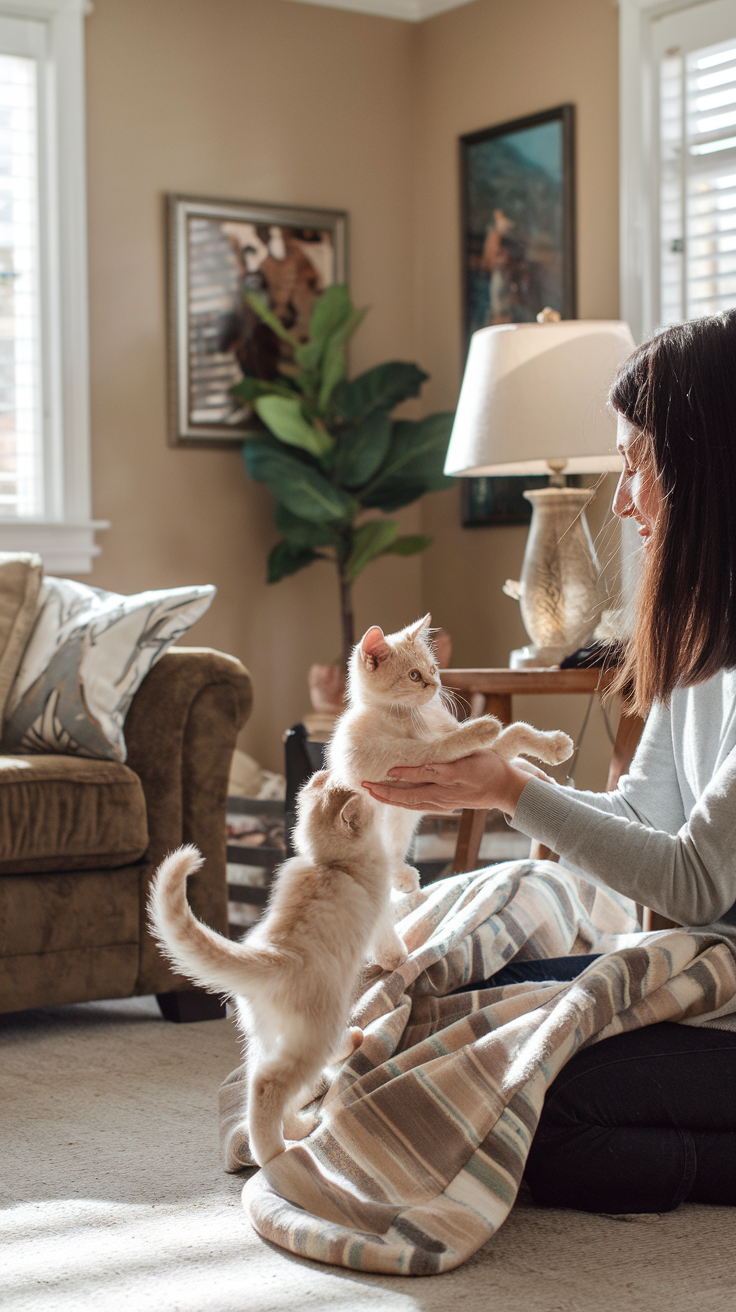 A woman interacts with playful cream British shorthair kittens in a cozy, sunlit living room