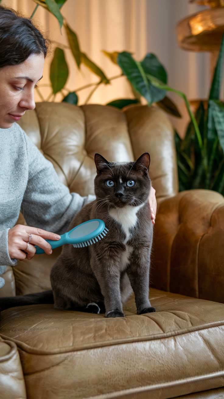 A woman is brushing her Colorpoint British Shorthair cat on a plush sofa