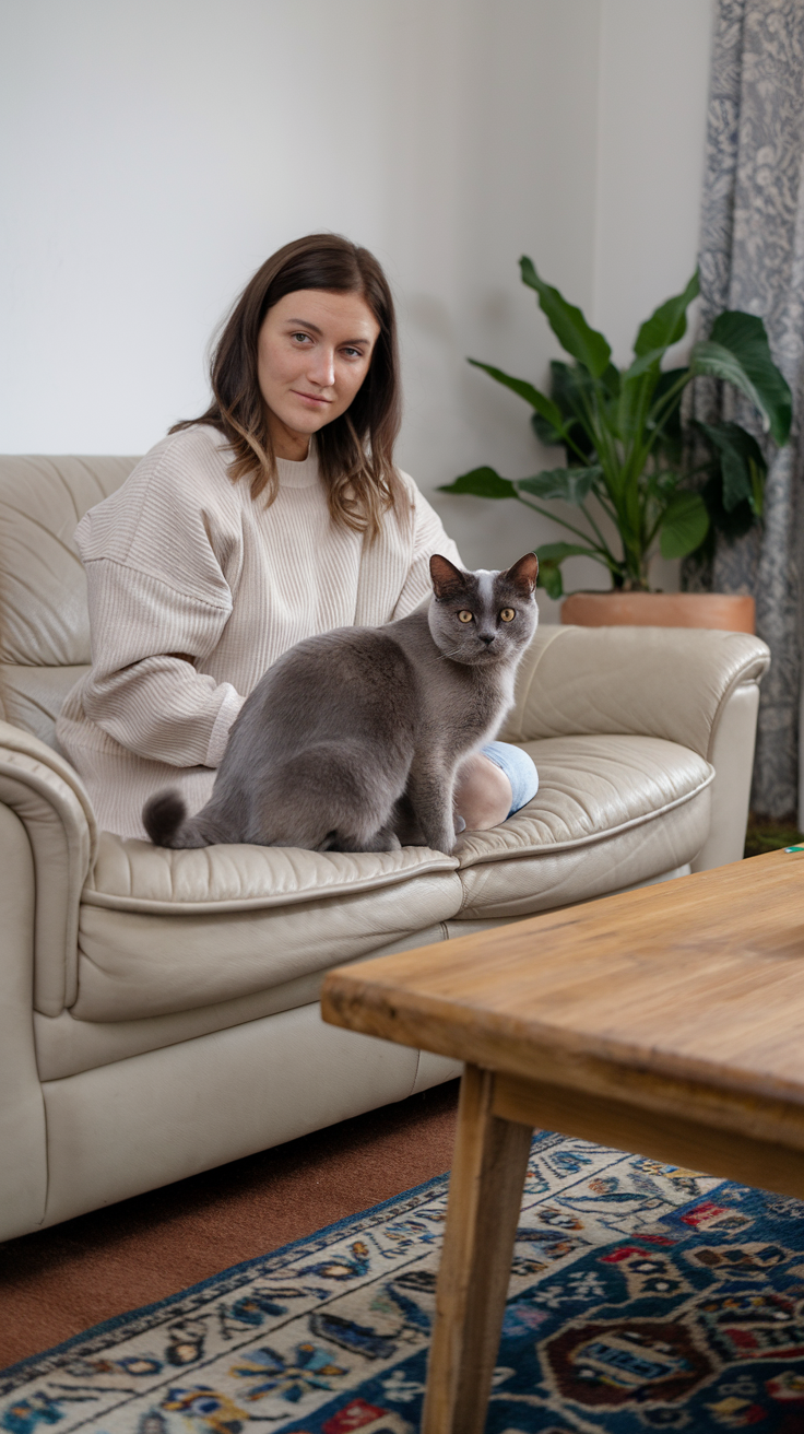 A woman sits in a living room with a Colorpoint British Shorthair Catst on her lap