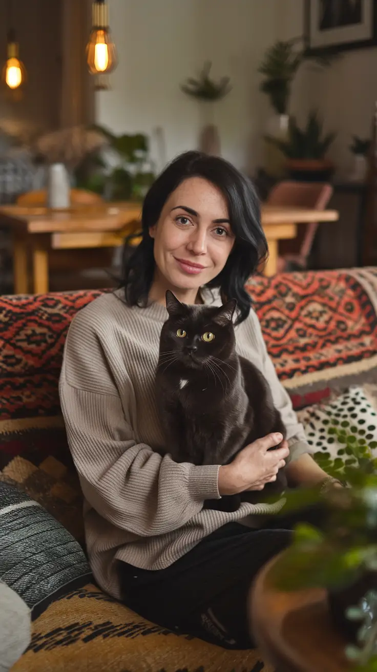 A woman sits on a sofa with her cat in a cozy room. A woman sits on a sofa with her black british shorthair cat in a cozy room