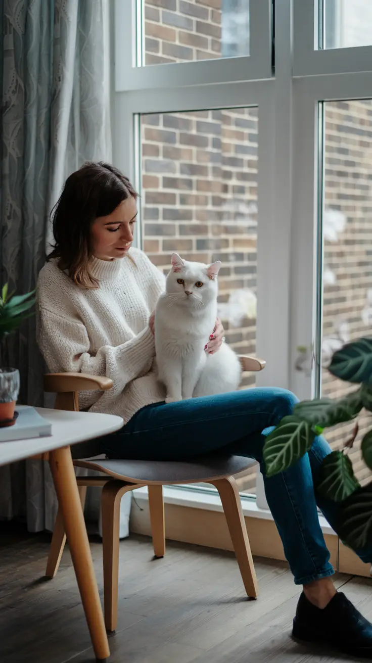 A woman sits with her white British Shorthair cat by the window. A woman sits with her white British Shorthair cat by the window