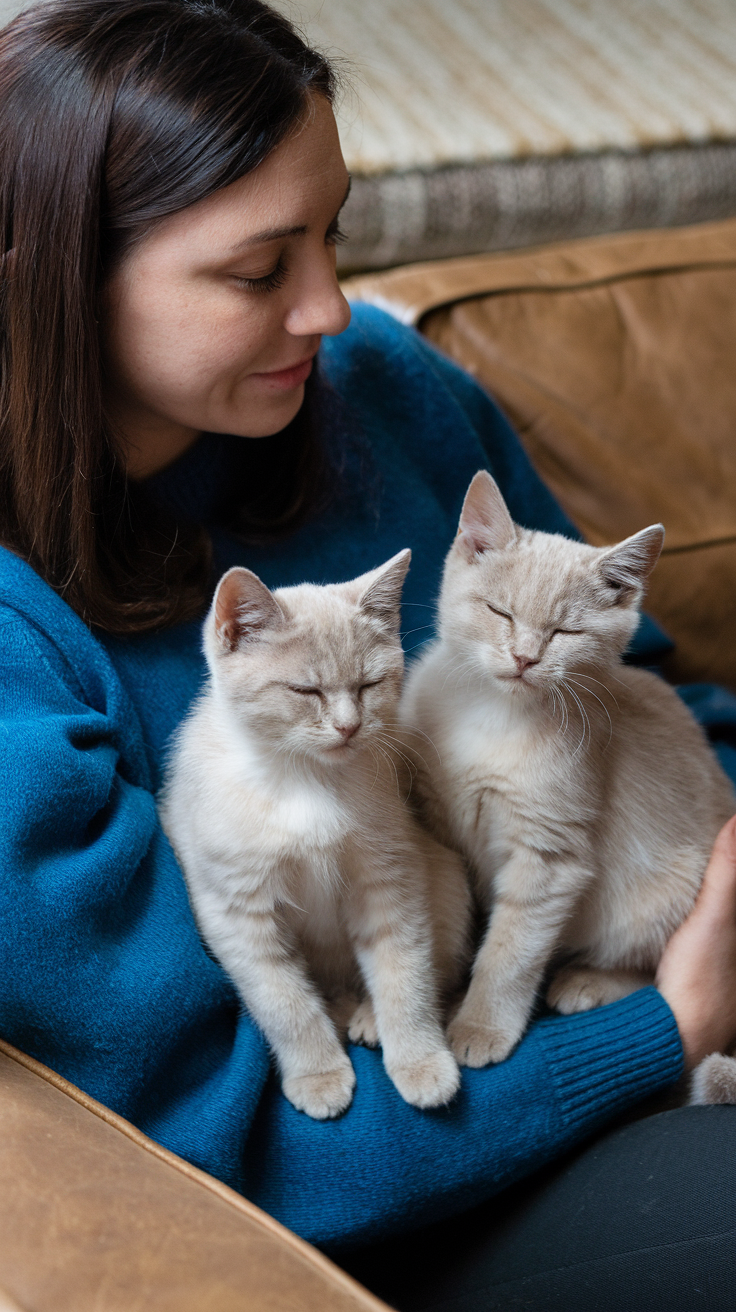 A woman sitting on a couch with two cream british shorthair kittens in her lap