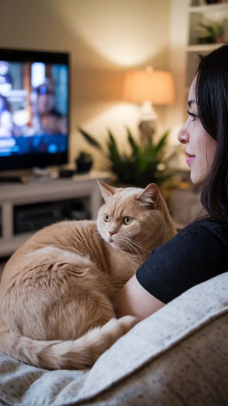 A woman watching a tv with her Golden British Shorthair cat crawled up on her body in cozy living room