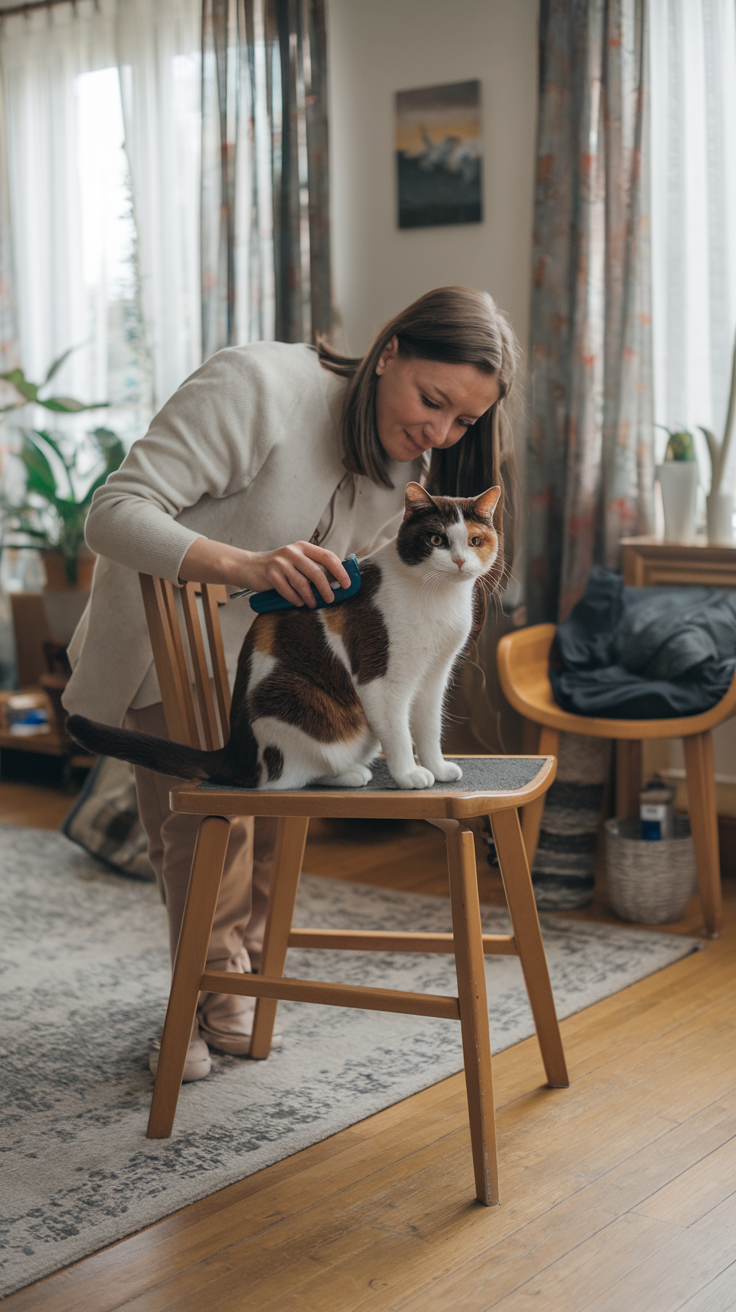 A woman with a Colorpoint British Shorthair Cat, grooming it in a cozy living room
