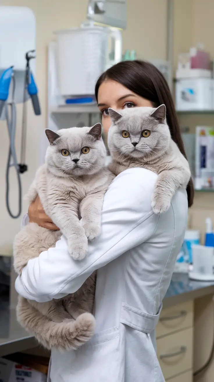 A woman with two cats in a veterinary clinic. A woman with two cream-blue fur British shorthair cats in a veterinary clinic.