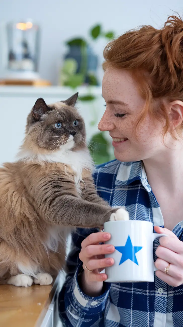 A young woman sharing a candid moment with a tabby british shorthair cat