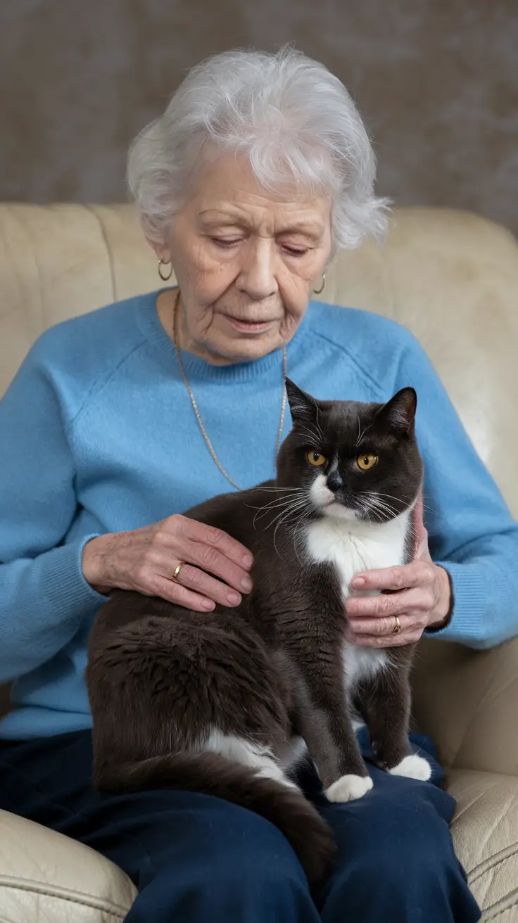 An elderly woman sits on a beige couch with her tabby British shorthair cat