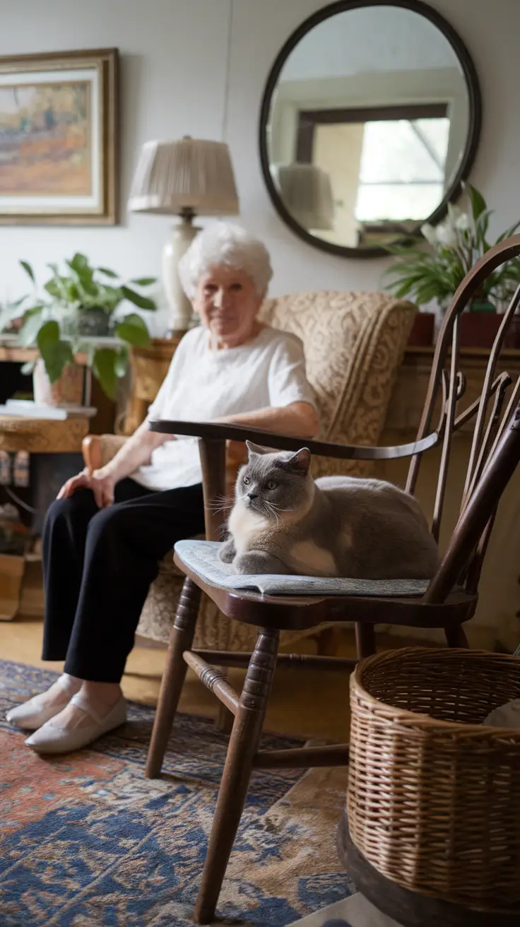 An elderly woman sits with a cat in a cozy, well-furnished room. An elderly woman sits with a Blue-Cream British Shorthair cat in a cozy, well-furnished room