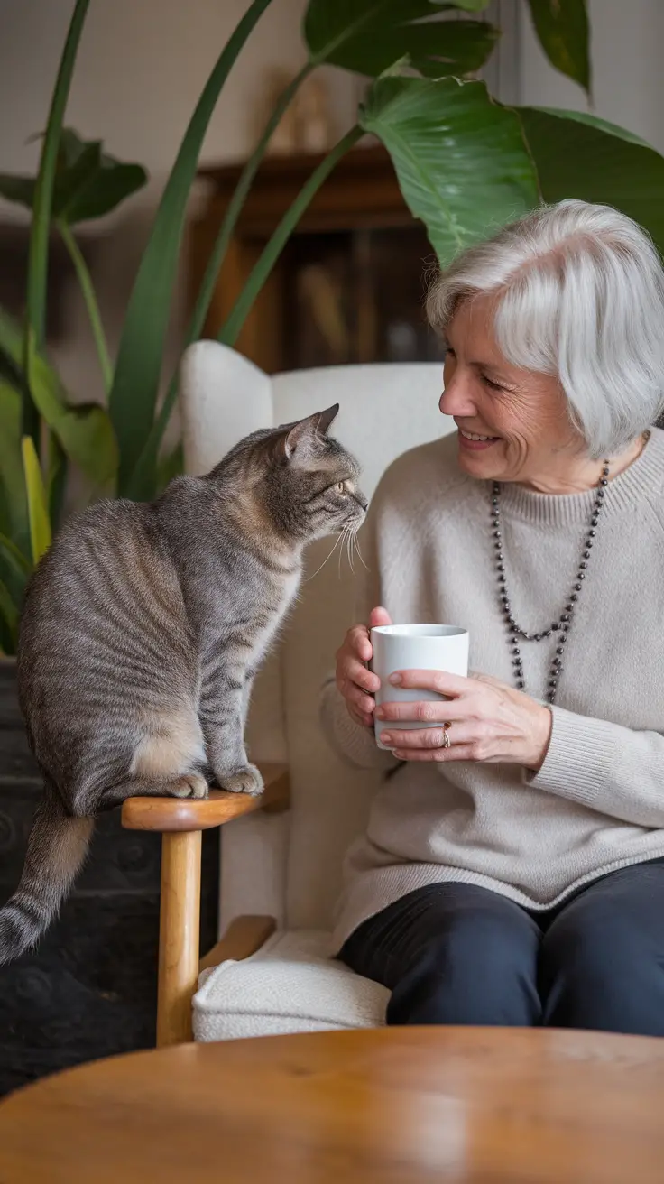 An older woman sitting in a cozy living room with her tabby British shorthair cat