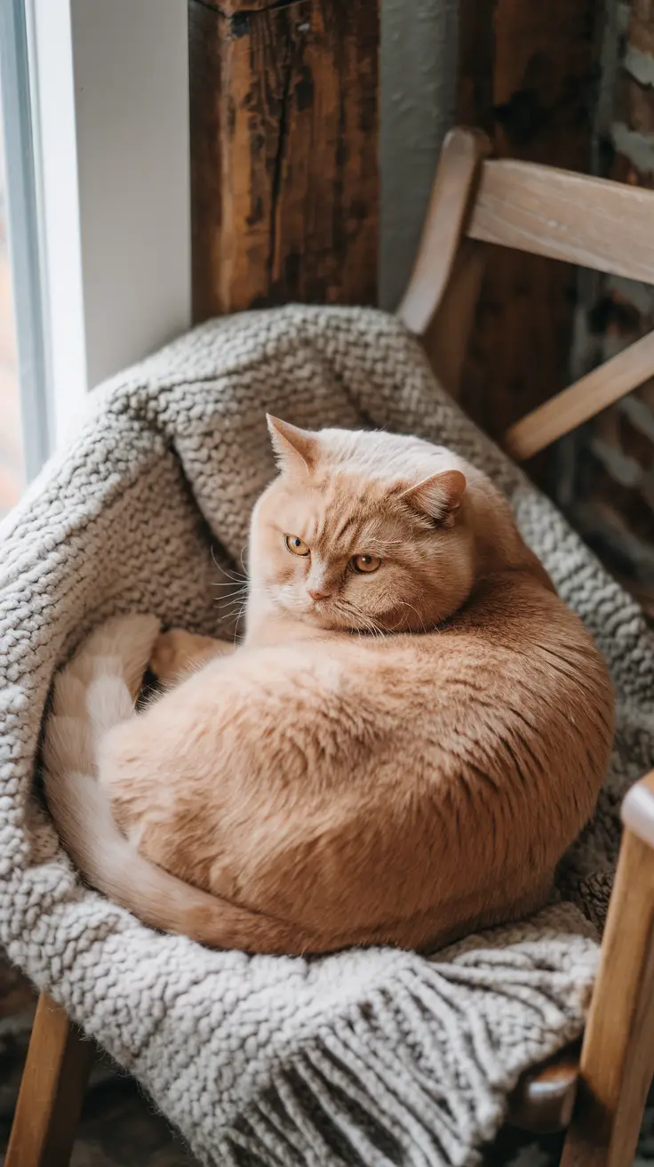 A ginger British Shorthair cat curls up on a woolen throw. An orange British Shorthair cat curls up on a woolen throw