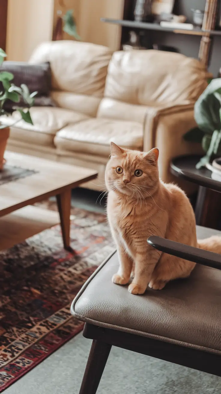 A red British Shorthair cat stands alert on a cream armchair in a cozy living room. An orange British Shorthair cat sits on a chair in a cozy living room