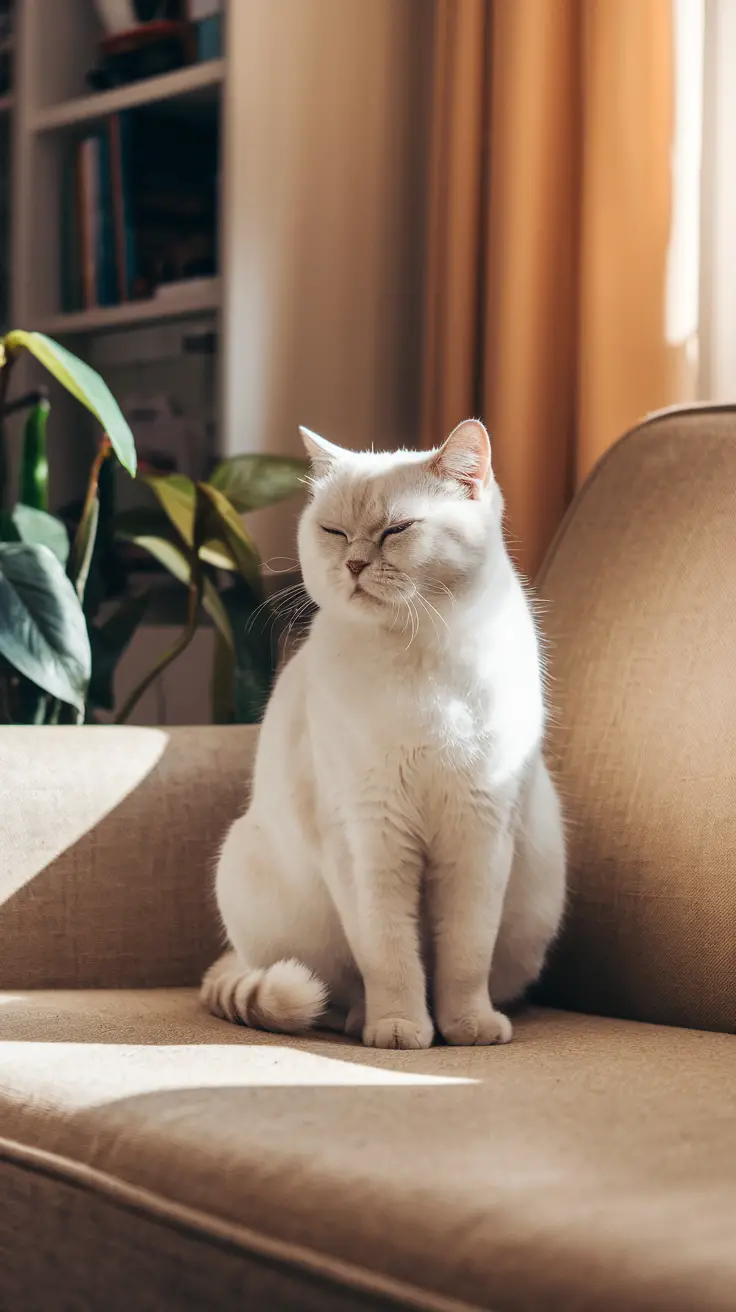 Sofa with British Shorthair cat bathed in warm afternoon sunlight. Sofa with white British Shorthair cat bathed in warm afternoon sunlight.