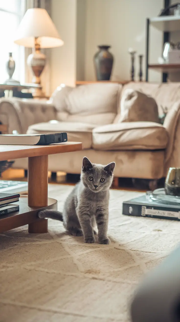 a blue-grey british shorthair kitten crsusing in living ropom