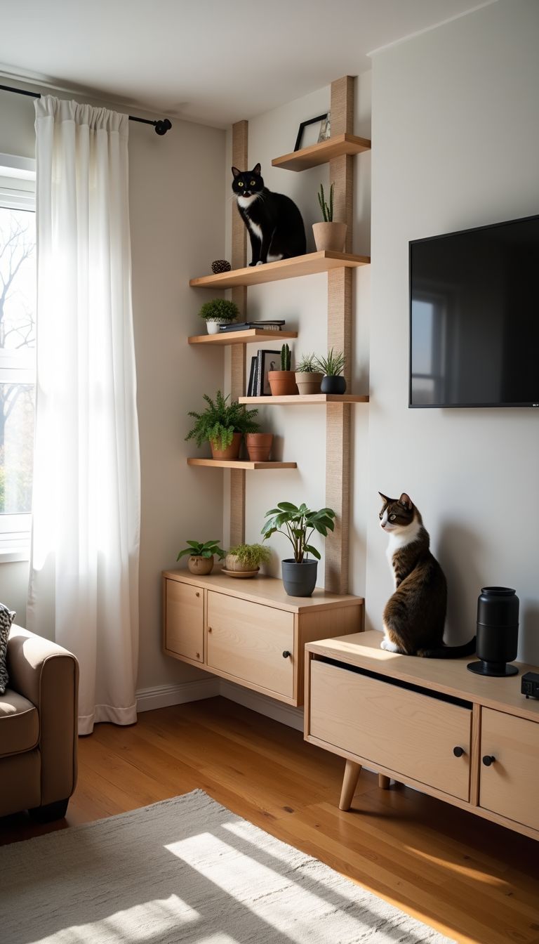 A small apartment living room with a DIY cat wall and multifunctional furniture.