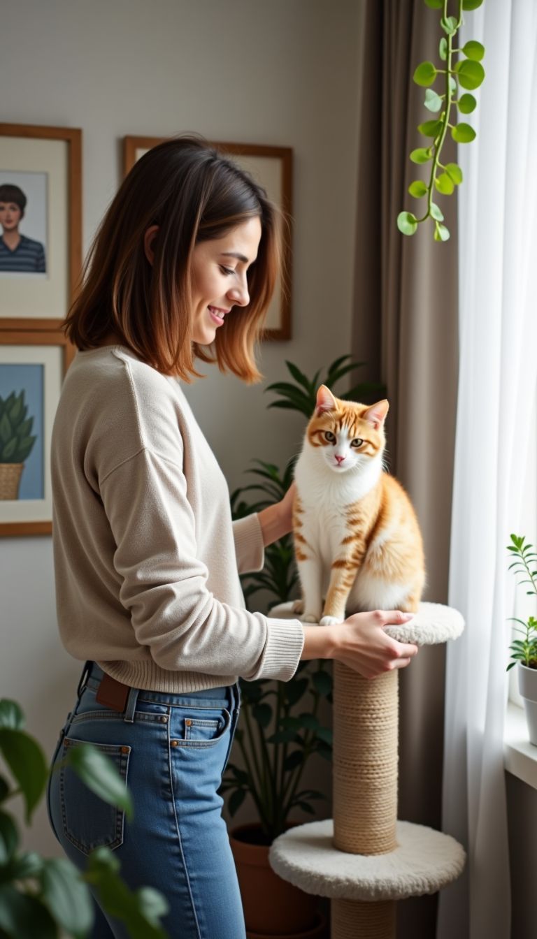 A woman creates a cozy nook for her cat in her apartment.
