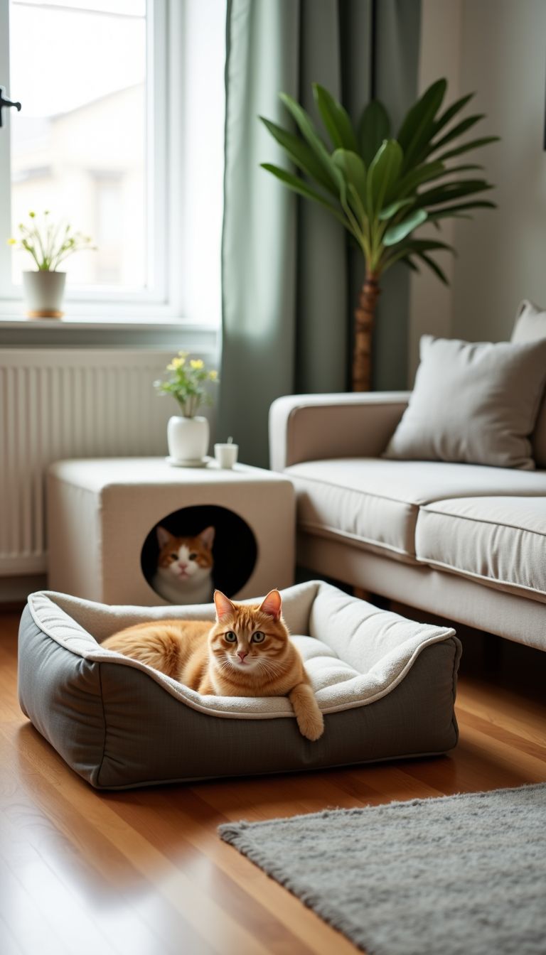 A small living room with multifunctional furniture for cats.