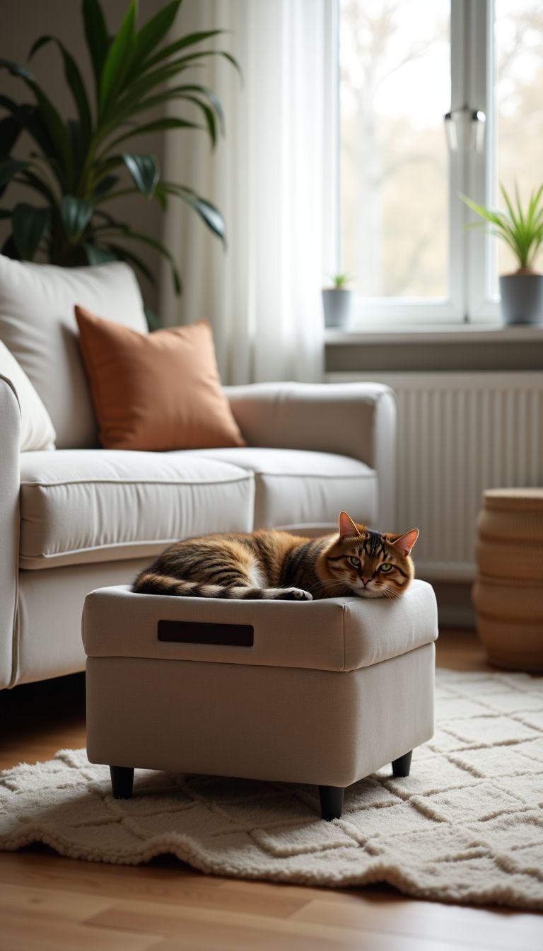 A cat napping in a stylish living room with cozy furniture.