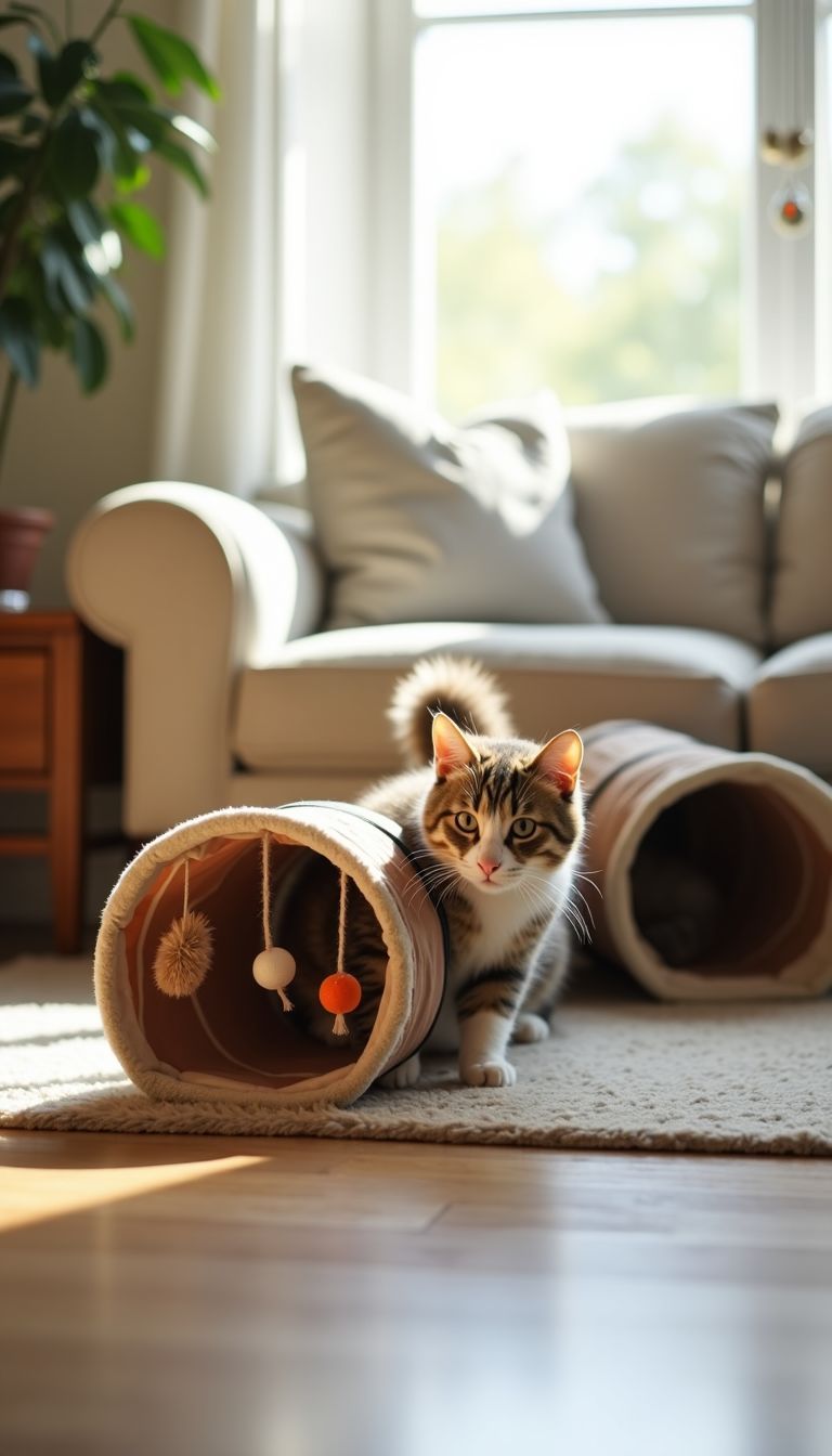 A cat exploring a DIY tunnel with toys in a living room.