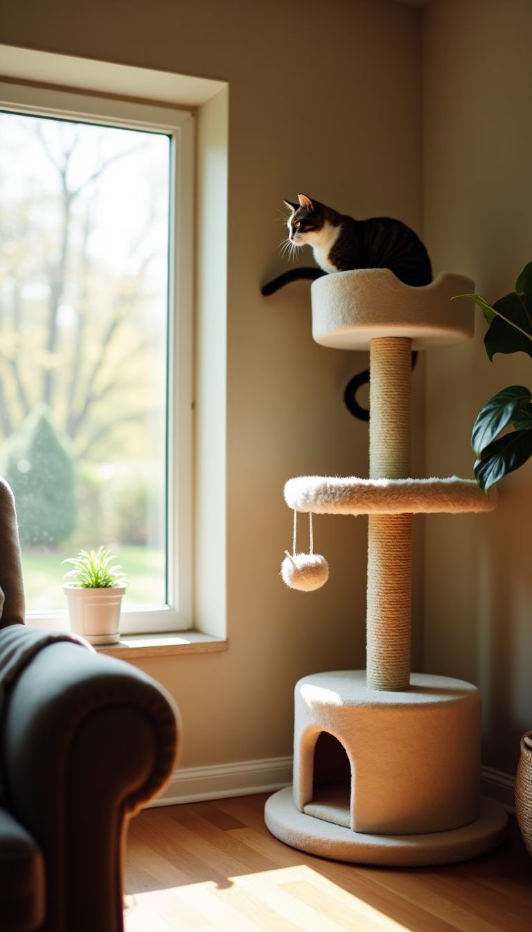 A cozy living room with a tall cat tree and natural light.