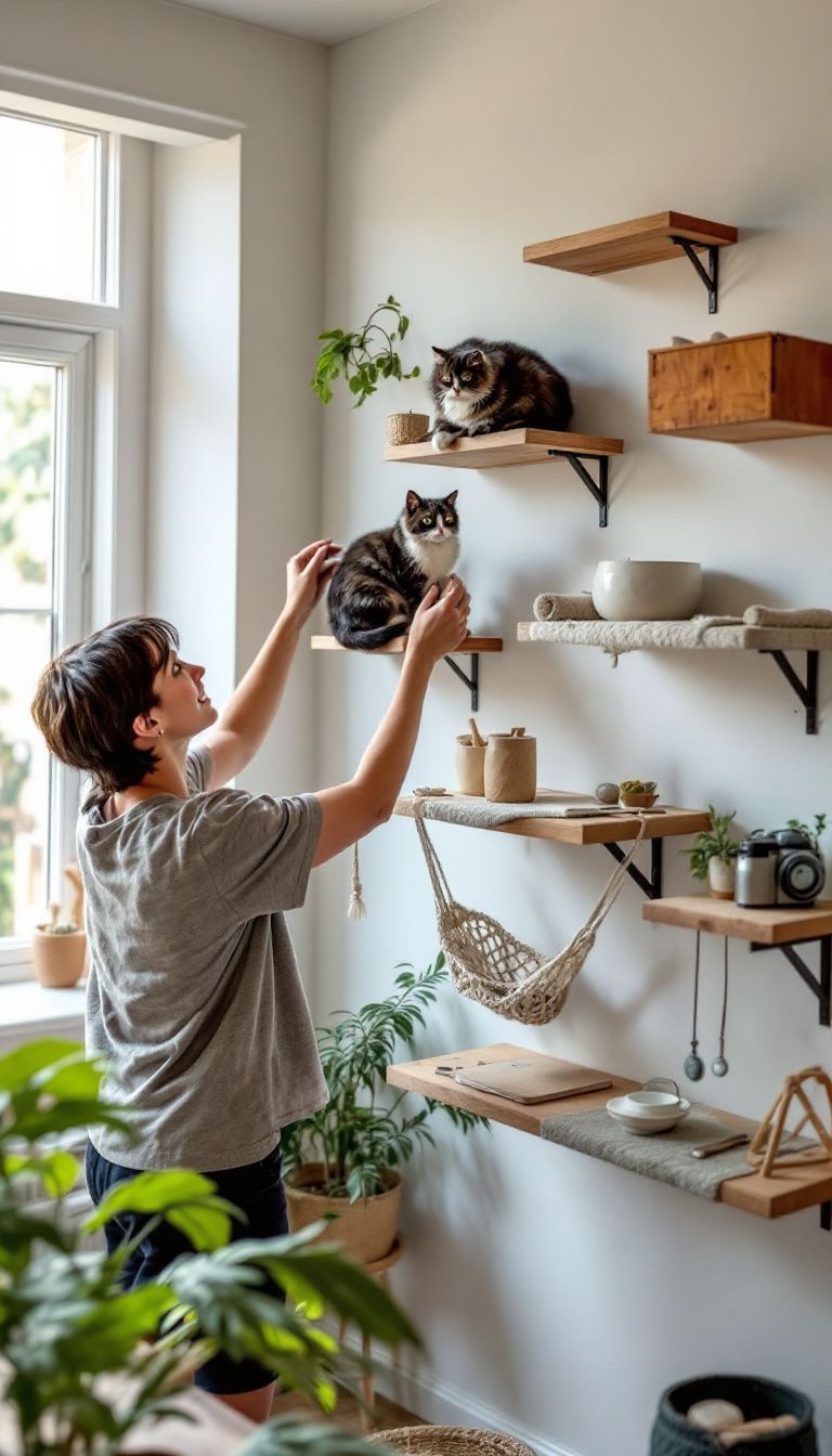 A young adult installs wall-mounted cat shelves in cozy apartment.