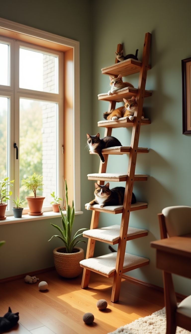 A cozy living room with homemade cat wall ladder and toys.