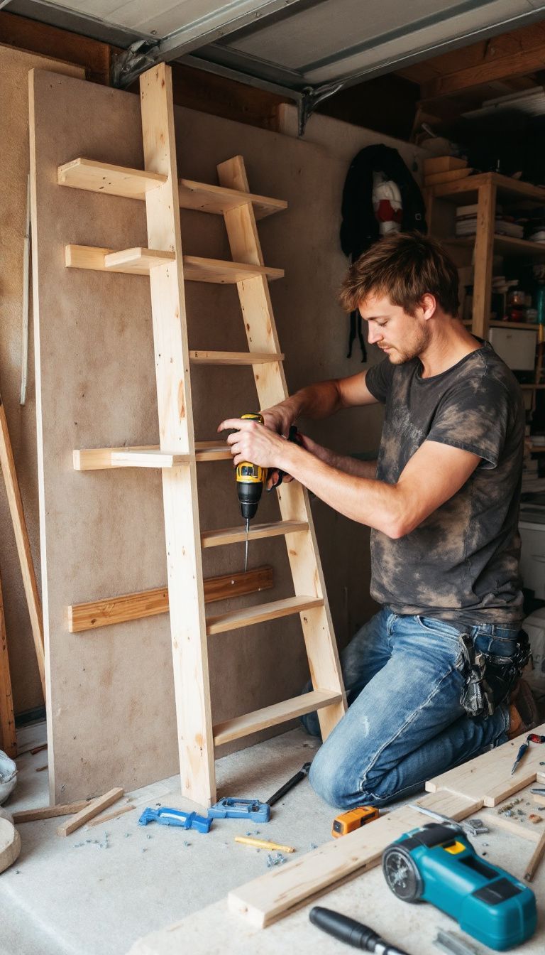 A person assembling a cat wall ladder in a cluttered garage.