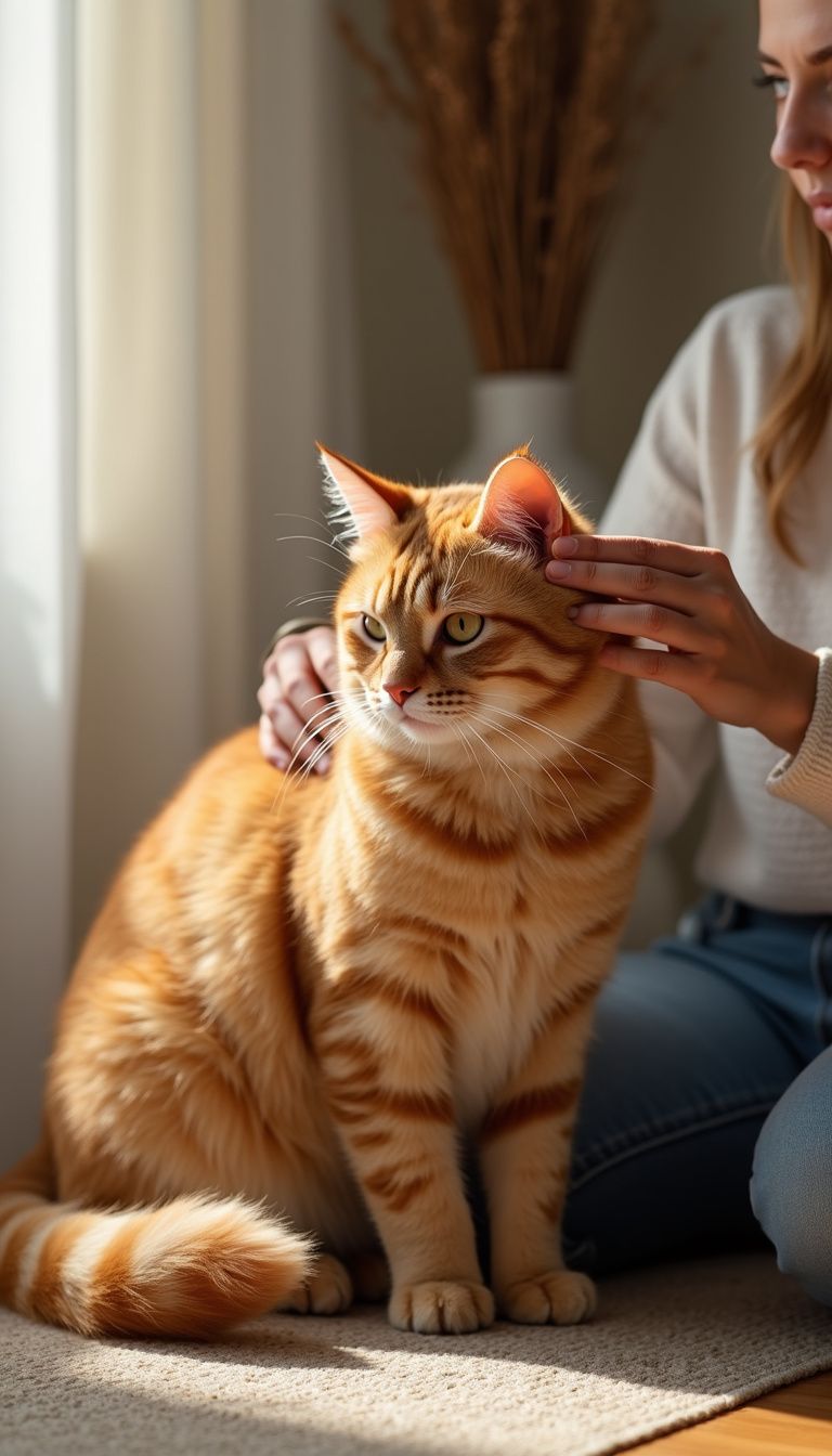 A woman gently brushes a Golden British Shorthair cat in cozy living room.
