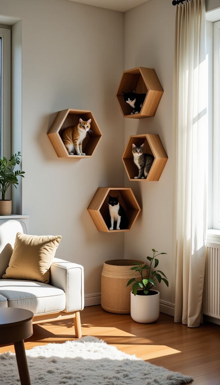 A cozy living room with custom cat shelves for play and relaxation.