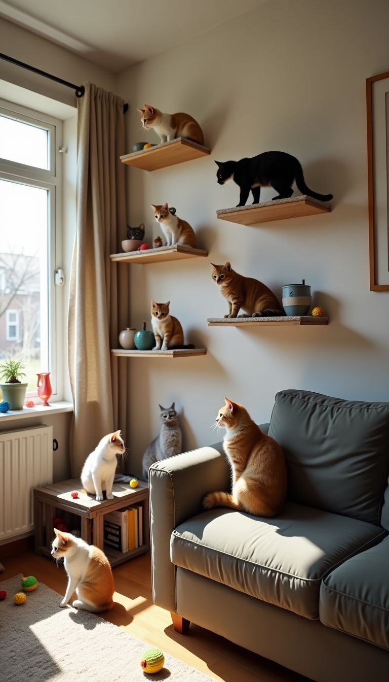 A cluttered living room with wall-mounted cat shelves and playful cats.