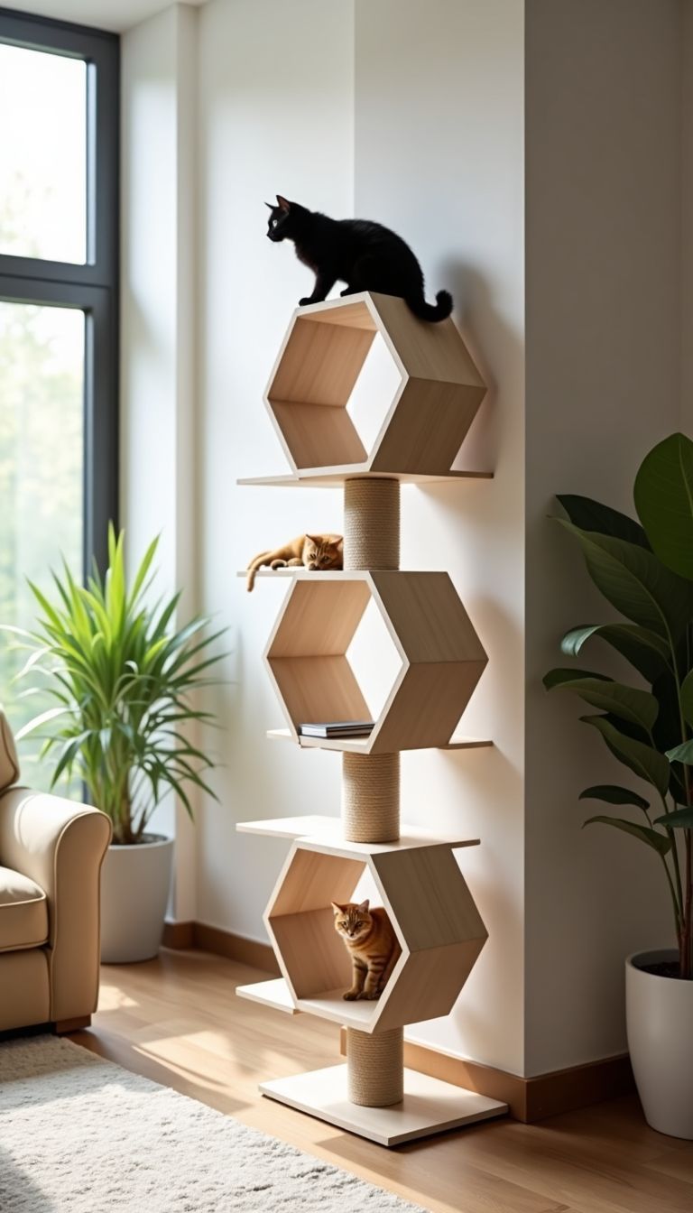 A modern living room with cat-friendly furniture and stylish decor.