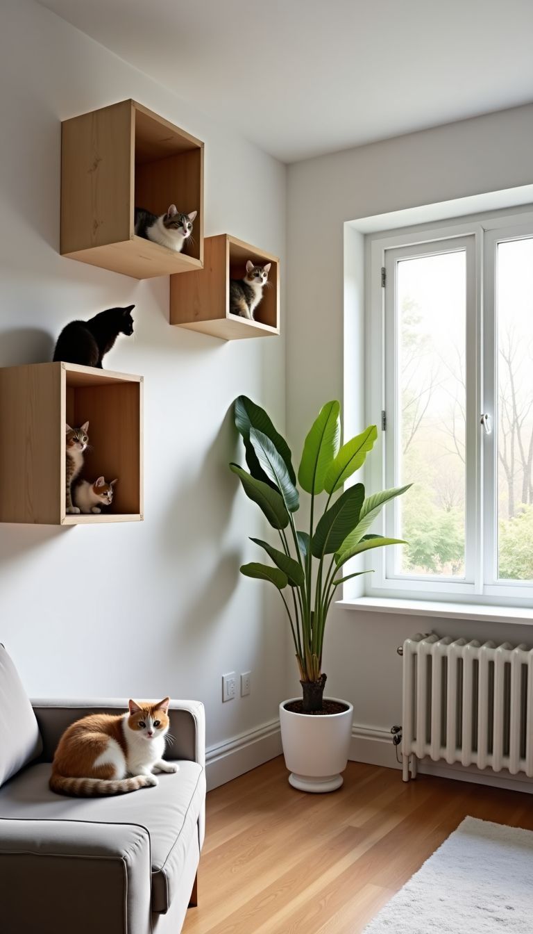 A modern living room with cat-friendly geometric shelves and playful cats.