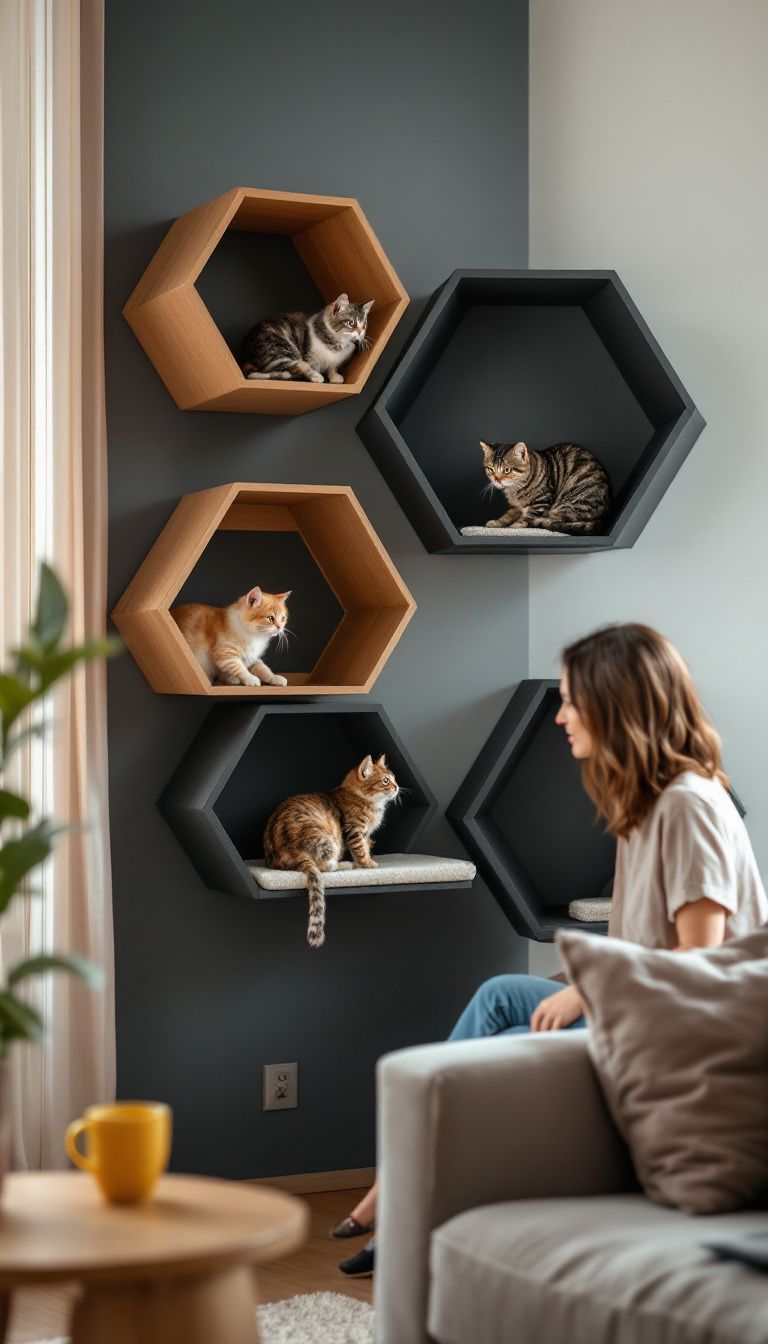 A woman watches her cats explore modern, geometric cat shelves in a living room.