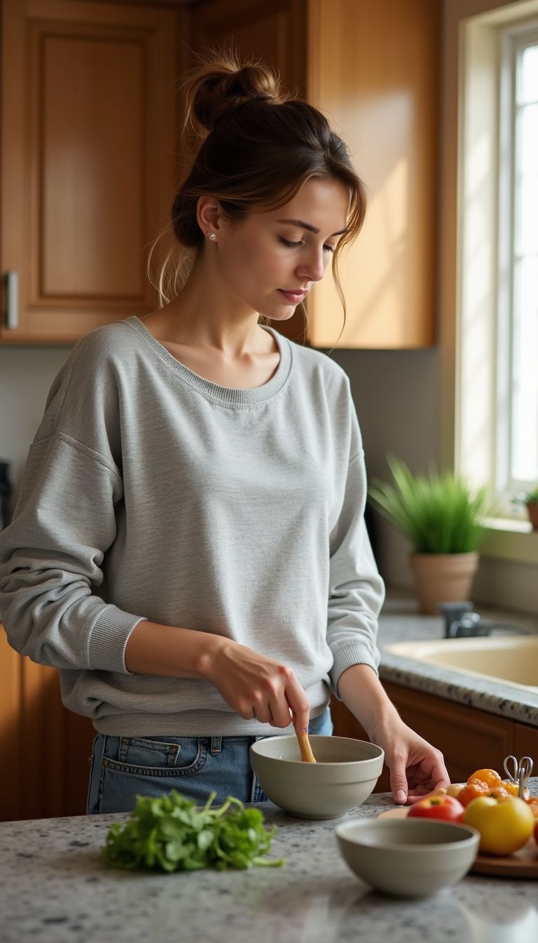 A woman prepares homemade meals in a cozy, well-loved kitchen.