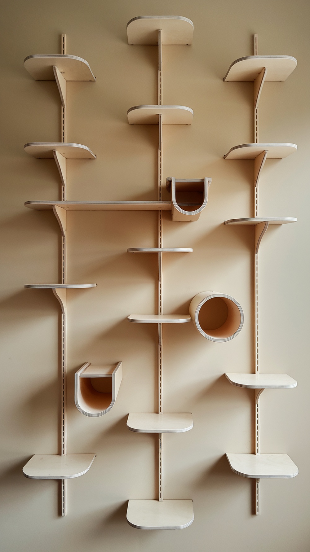 Stylish wall-mounted cat climbing unit with shelves and tunnels