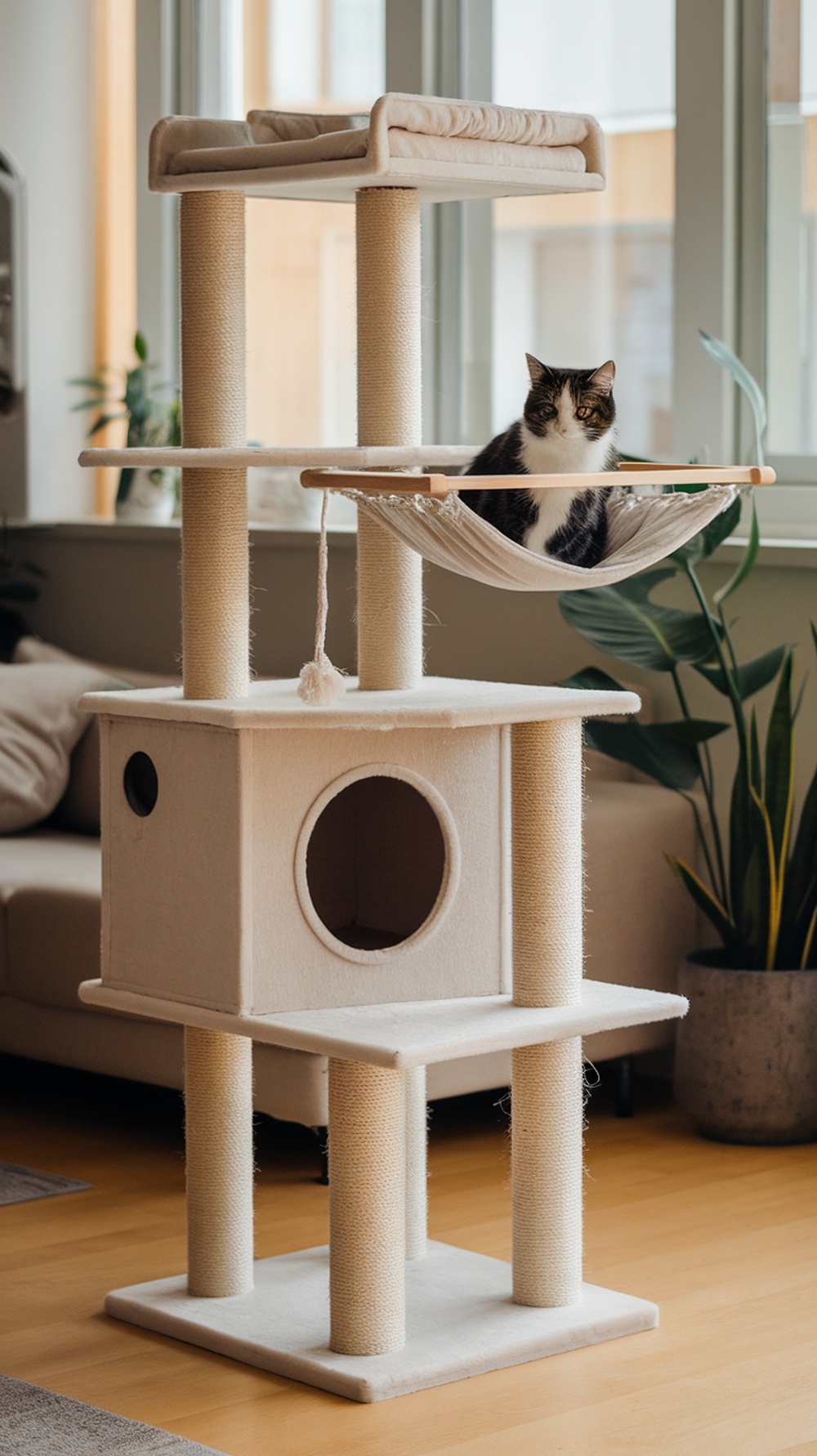 A modern cat tree with sisal rope, featuring multiple levels and a hammock, in a bright interior setting.