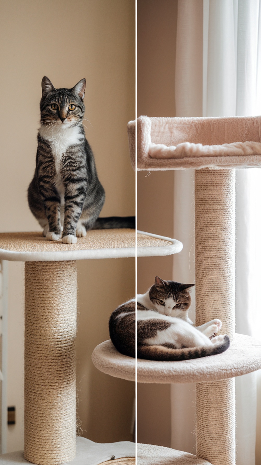 A split image of two cats on a cat tree, one sitting upright and the other lounging on a soft surface, showcasing sisal and carpet textures.