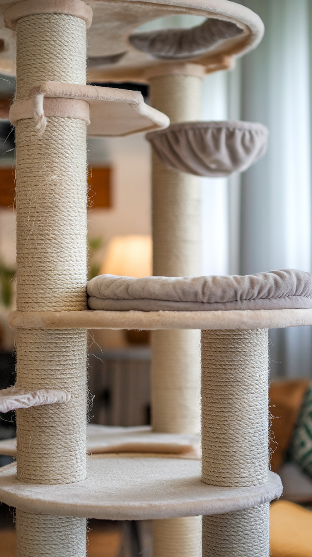 A close-up view of a sisal cat tree with soft platforms and sisal-covered posts.