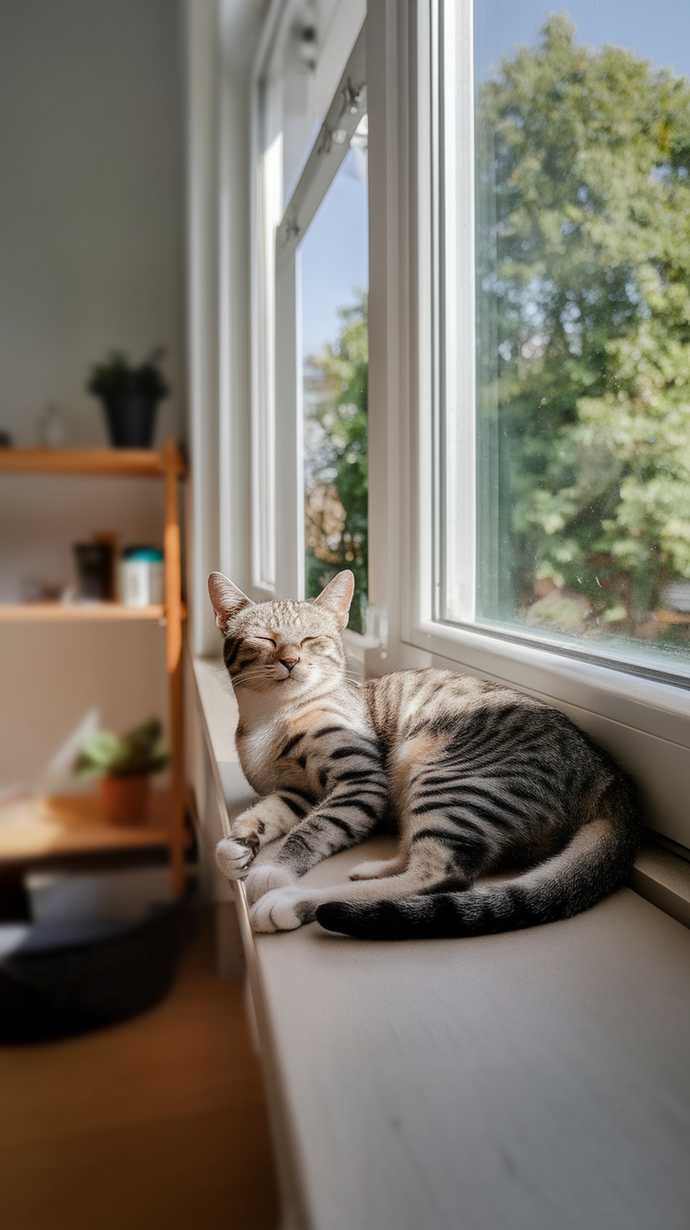 A cat relaxing on a window perch, enjoying the sunlight and view outside.