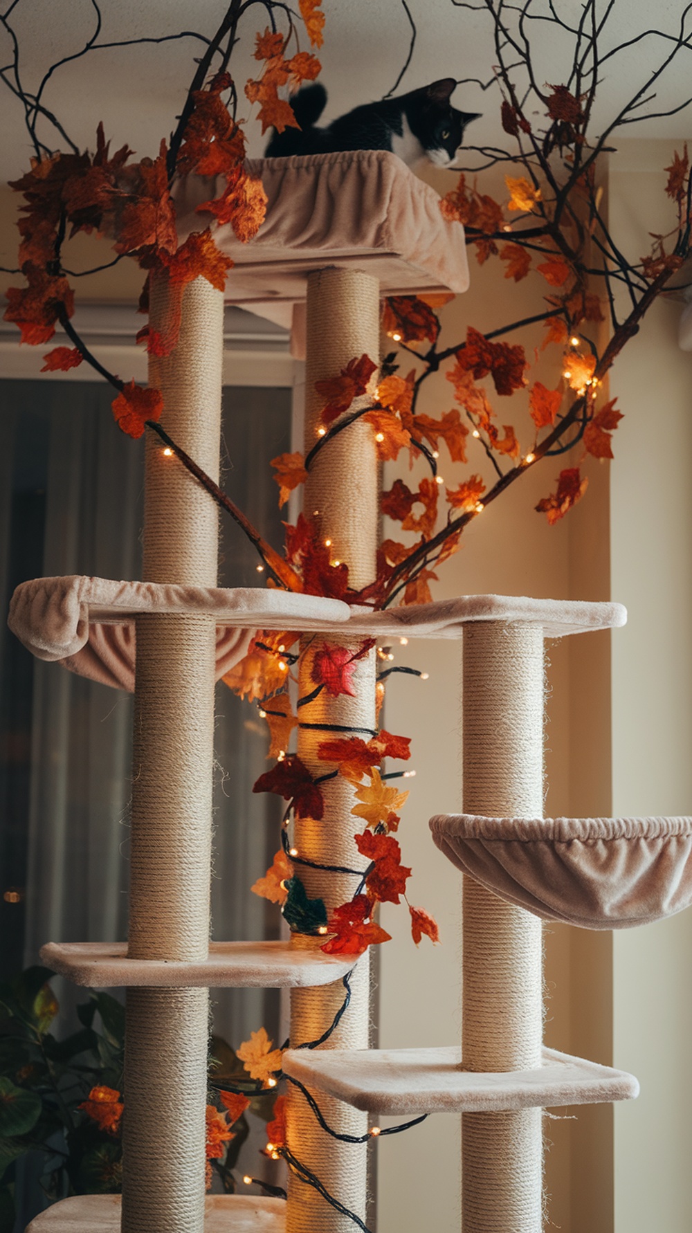 A sisal cat tree decorated with autumn leaves and lights, with a cat resting on the top perch.