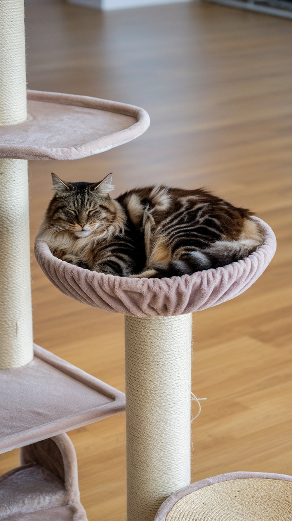 A large cat sleeping comfortably on a soft cat tree with sisal rope features.